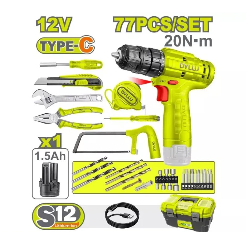ست دریل پیچ گوشتی شارژی 77 عددی دایلو مدل DTDT1B77